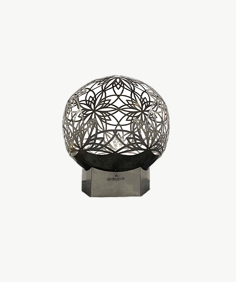 FlowerHouse 24-inch Lotus Bonfireball Fire Pit in stainless steel with intricate lotus-inspired carvings and a 360-degree open design.