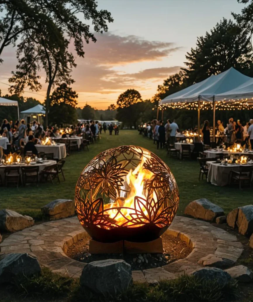 Striking Lotus Bonfireball Fire Pit designed for outdoor gatherings with durable steel construction and artistic detail