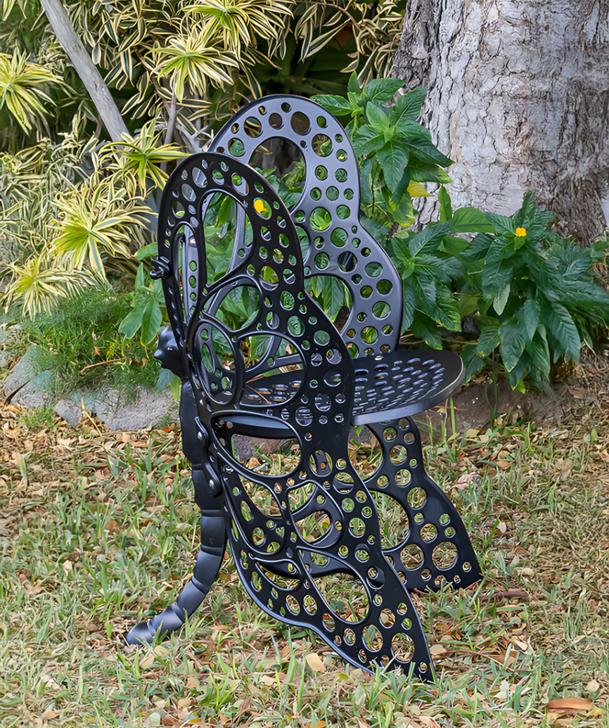 Elegant Butterfly Chair featuring an all-weather, powder-coated finish and timeless style for indoor and outdoor seating.