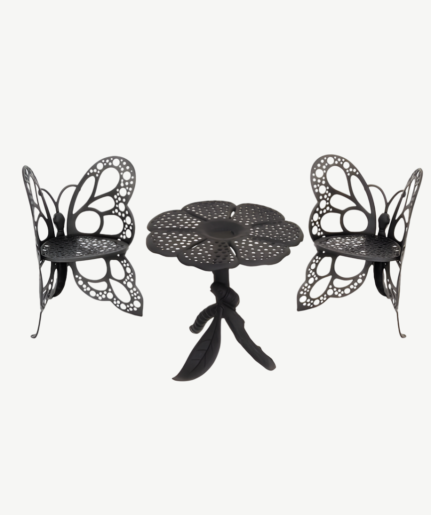 Elegant Butterfly Bistro Set crafted from rust-free cast aluminium with an all-weather, powder-coated finish for outdoor charm.