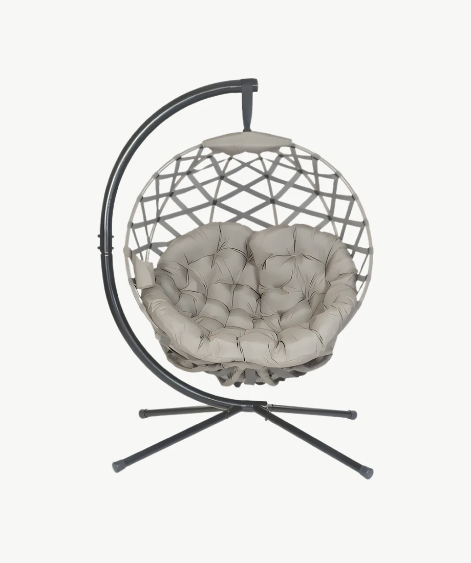 Elegant Crossweave Hanging Ball Chair in Sand with a durable stand and easy-to-maintain finish for indoor/outdoor use.