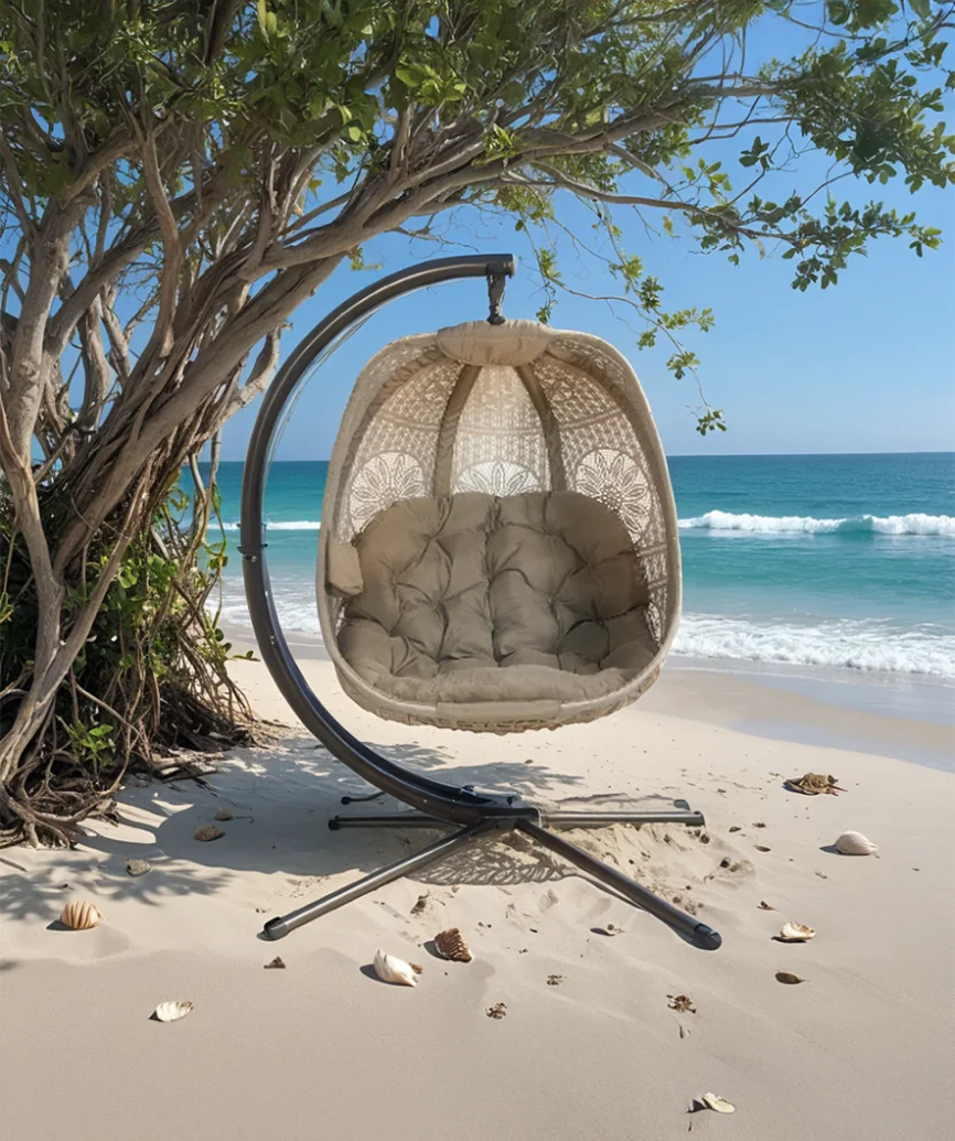 Elegant Hanging Egg Chair offering airy, suspended seating with a weather-resistant design for indoor or outdoor use.