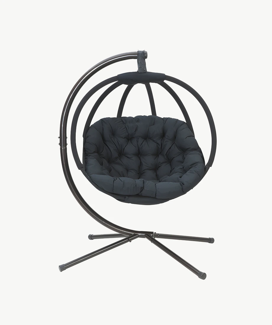 FlowerHouse Hanging Ball Chair with Stand featuring a modern design, plush cushion, and weather-resistant finish for versatile seating.