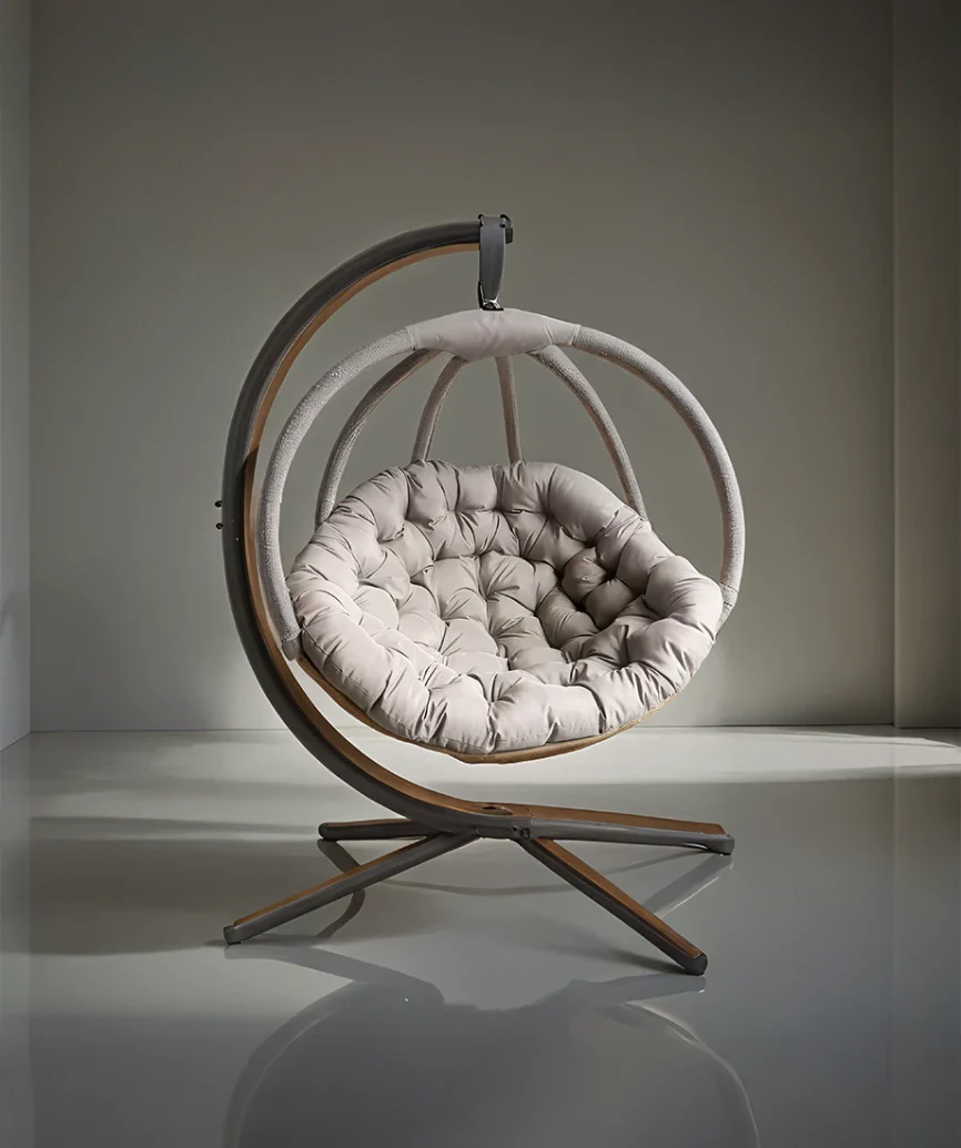 FlowerHouse Hanging Ball Chair with Stand featuring a modern design, plush cushion, and weather-resistant finish for versatile seating.