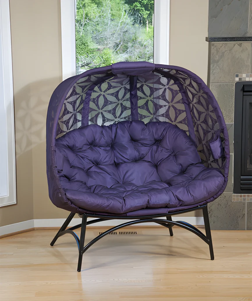 FlowerHouse Hanging Pumpkin Loveseat Chair with Stand featuring a distinctive pumpkin-inspired design and plush, cushioned seating.