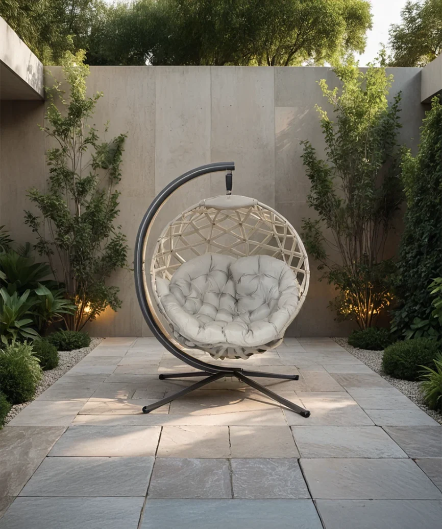 FlowerHouse Crossweave Sand Ball Chair featuring a modern design with a plush, comfortable cushion and weather-resistant construction.