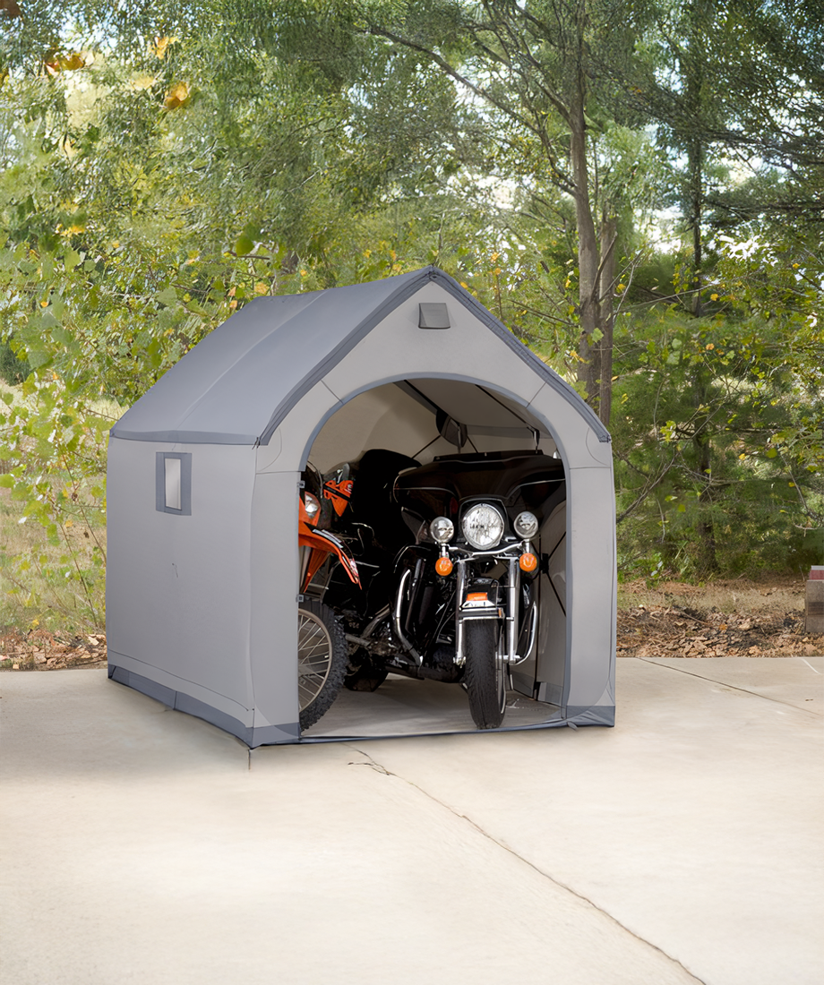 Elegant XXL StorageHouse designed for quick, tool-free assembly on soil or hard surfaces with integrated stakes and tie-downs.